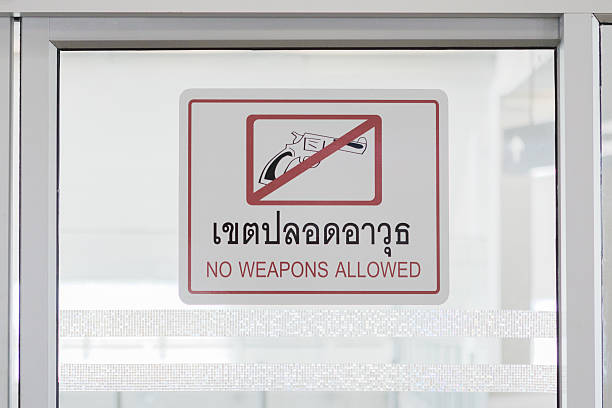 istock No weapons allowed sign on the glass door 502056459