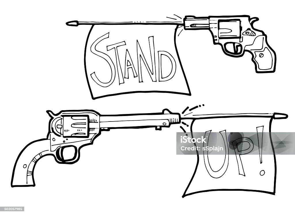 Stand up cartoon gun and revolver with bang flag illustration. Black and white illustration Abstract stock illustration