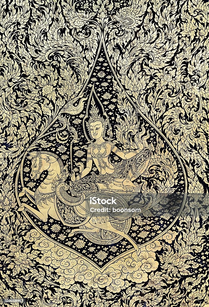 Ancient Thai gold leaf painting art Ancient Thai gold leaf painting art on temple wall at Wat Suwankiri in Bangkok, Thailand. Ancient Stock Photo