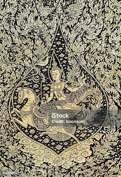 Ancient Thai Gold Leaf Painting Art Stock Photo - Download Image Now - Ancient, Angel, Black Color