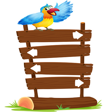 Illustration of a parrot at the top of the signboards with arrows on a white background