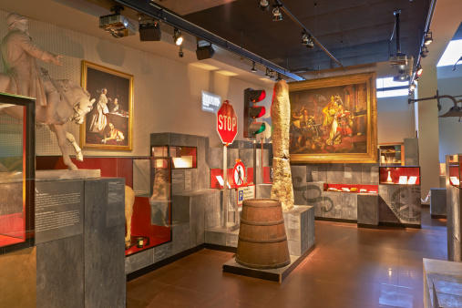 Odense, Denmark - May 1, 2014: Møntergården is a local history museum. The new building houses archaeological and collected items as well as industrial effects from the local area Funen through all ages. View into the new museum exhibition awarded for the architecture and design.