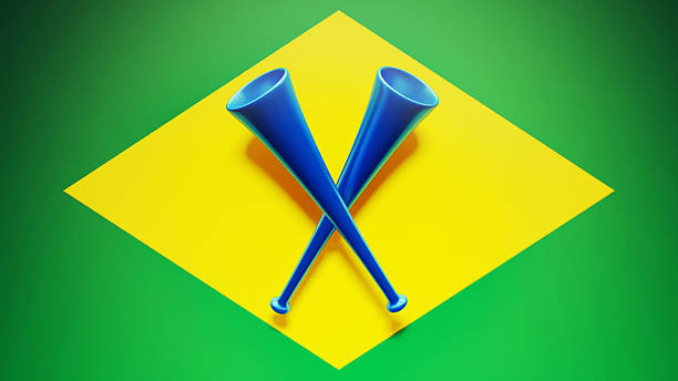 Brazil Flag Cornets High Resolution Brazil Flag vuvuzela stock pictures, royalty-free photos & images
