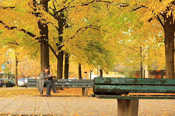 Lady sits on bench of a city park while texting on the phone. Nature surrounding shows that is autumm season and the scene is European, in Munich.