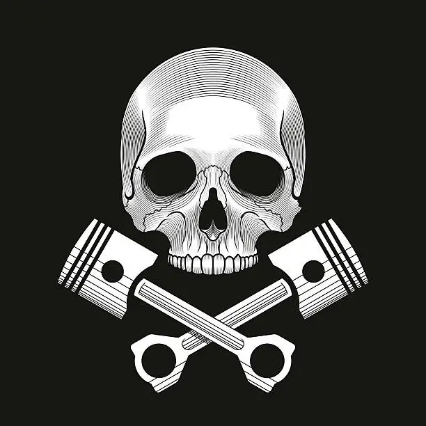 Vector illustration of The skull and crossed engine pistons on the black background