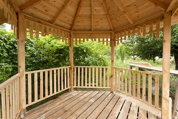 Photo of Inside of wooden gazebo under construction