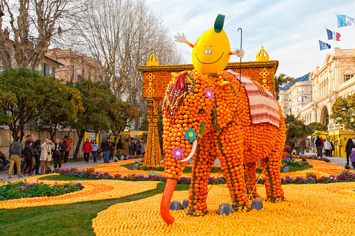 Menton, France - February 27, 2013: Lemon Festival (Fete du Citron) on the French Riviera. The theme for 2013 was Around the World in 80 Days: Menton, the Secret Stop.