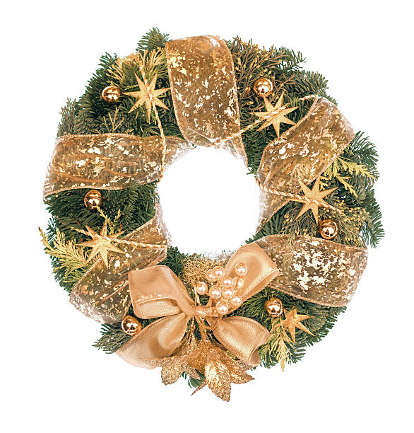 istock Christmas wreath with golden decorations on white background 502070530