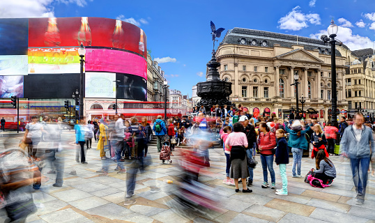 HDR long exposure in the middle of Piccadilly Circus on a busy weekend afternoon in front of the Eros statue.
