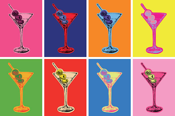 ilustrações, clipart, desenhos animados e ícones de conjunto de cores coquetéis de martini com azeitonas ilustração vetorial - modern art illustrations