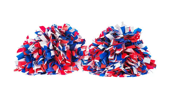 A cheerleader's  pair of red, white and blue pom poms on a white background