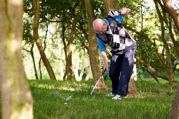 Man playing Golf on beautiful Golf course. The course is made in 3D.