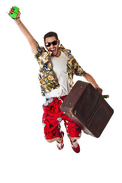 podekscytowany turysta - travel suitcase hawaiian shirt people traveling zdjęcia i obrazy z banku zdjęć