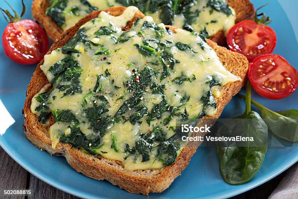 Spinach And Cheese Sandwich Stock Photo - Download Image Now - Bread, Breakfast, Bun - Bread