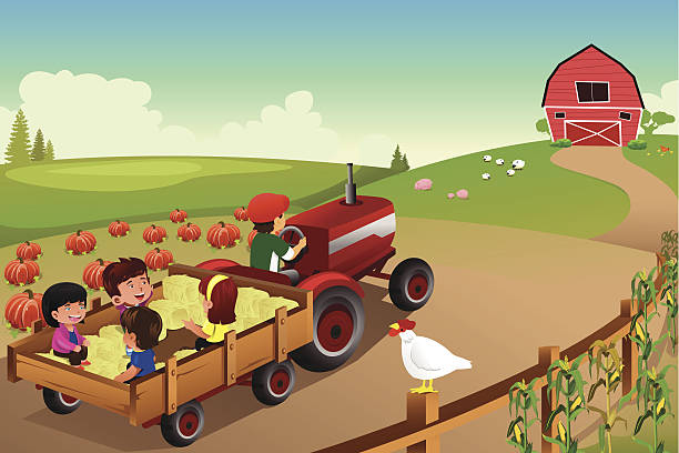 illustrations, cliparts, dessins animés et icônes de enfants sur un chariot à foin dans une ferme au cours de l'automne - farm pumpkin autumn farmer