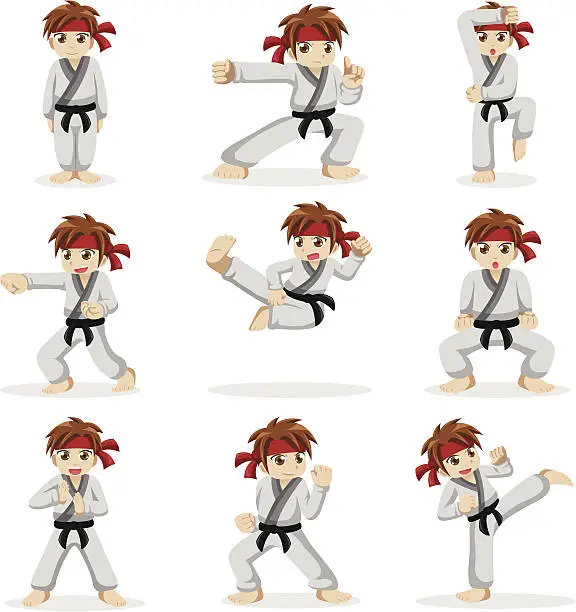 Vector illustration of Different poses of karate kid