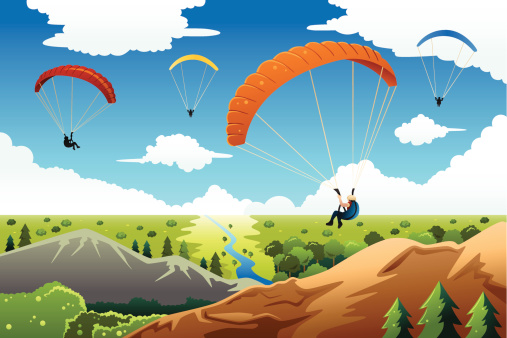 A vector illustration of people paragliding with a beautiful view under