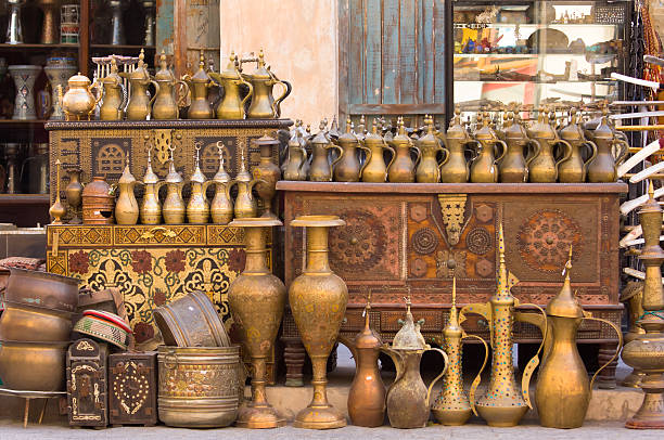 Brass and copper containers stock photo