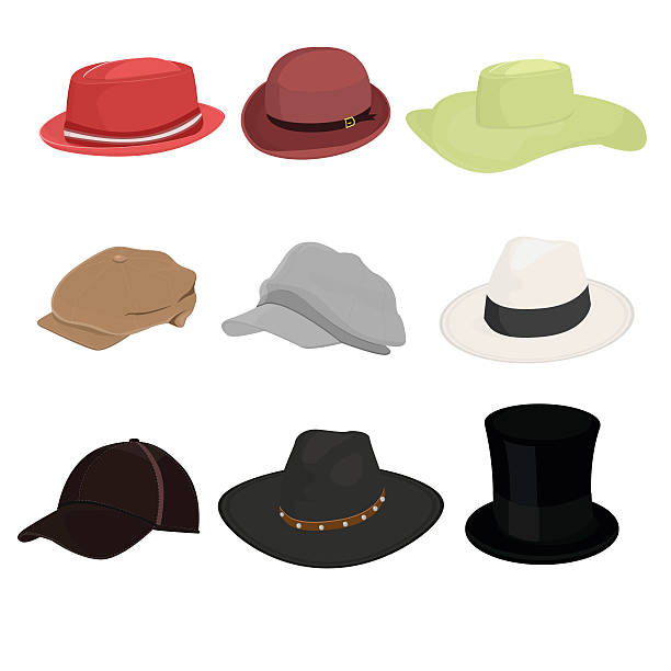 ilustraciones, imágenes clip art, dibujos animados e iconos de stock de sombrero conjunto de nueve aisladas sobre fondo blanco - sombrero homburg