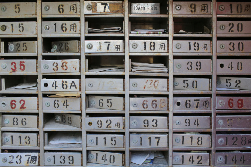 Old vintage metal made, ruined traditional chinese empty or full mailboxes / letter box with number sign in hongkong village
