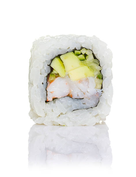 istock One peace sushi roll with shadow isolated on white background 502093079