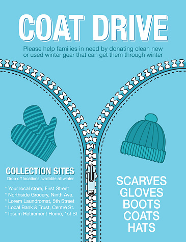 Winter Coat Drive Charity Poster template. Assortment of coats in shades of blue. Clothing collection or charity drive.