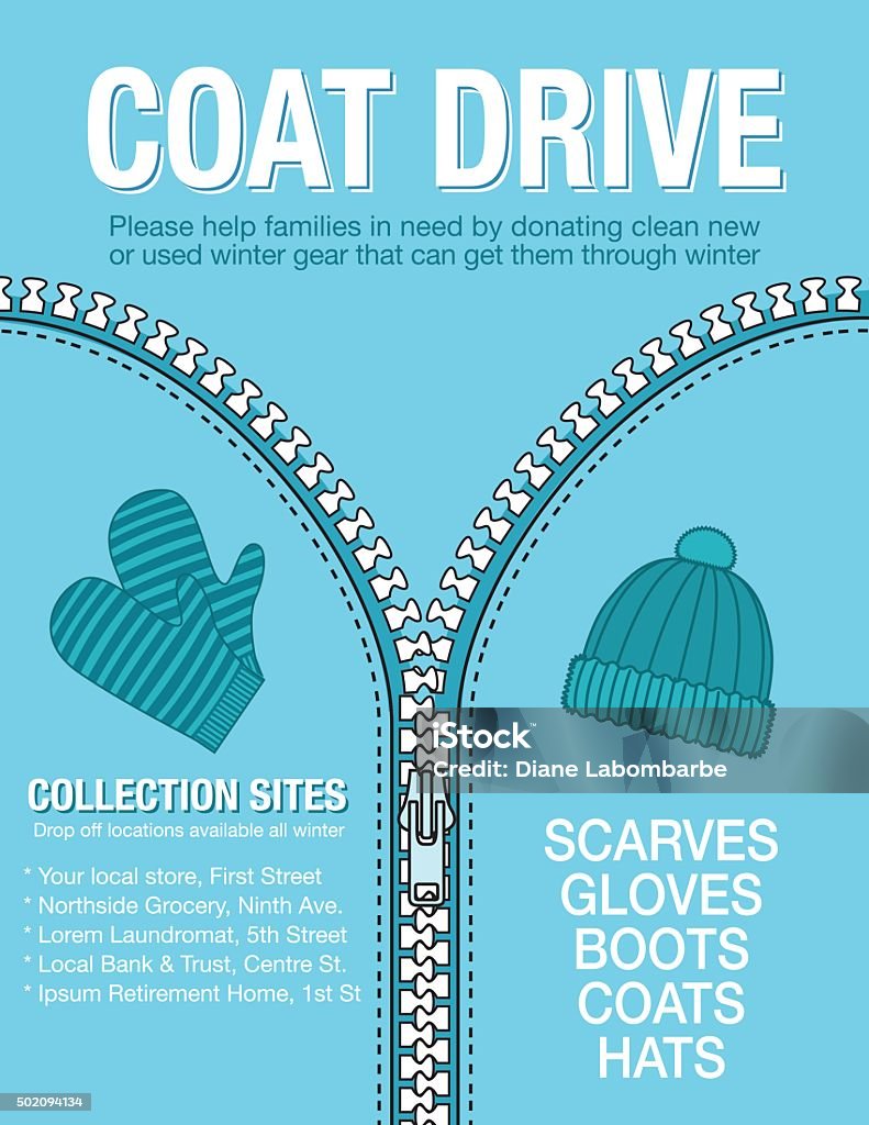 Winter Coat Drive Charity Poster template. Winter Coat Drive Charity Poster template. Assortment of coats in shades of blue. Clothing collection or charity drive. Motivation stock vector