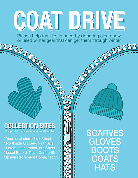 Winter Coat Drive Charity Poster template. Winter Coat Drive Charity Poster template. Assortment of coats in shades of blue. Clothing collection or charity drive. motivation stock illustrations