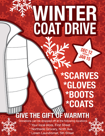 Winter Coat Drive Charity Poster template. Assortment of coats on a red snowflake background. Clothing collection or charity drive.