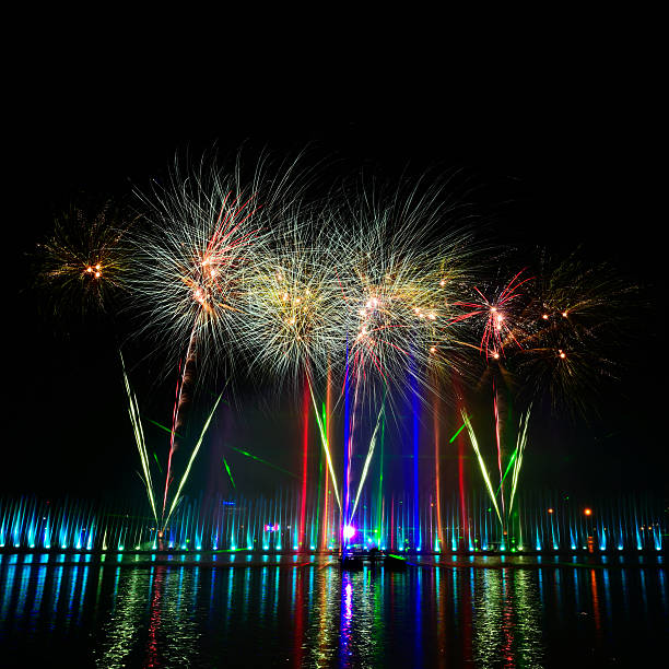 istock Colorful Fireworks over lake 502095184
