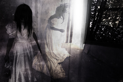 Ghost in Haunted House,Mysterious Twins Woman in White Dress Standing in Abandon Building,Horror Background For Halloween Concept and Book Cover Ideas