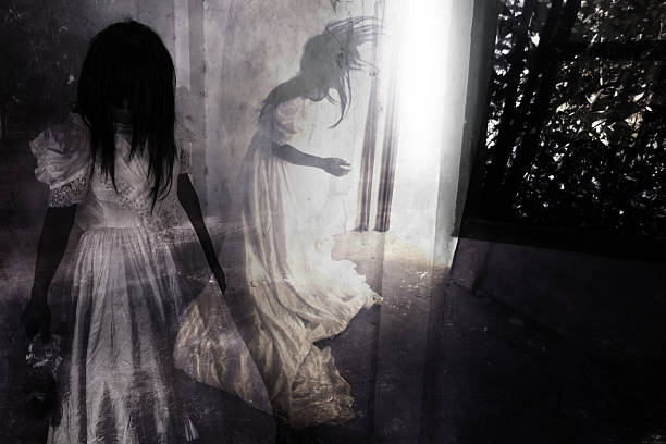 Fear Night Ghost in Haunted House,Mysterious Twins Woman in White Dress Standing in Abandon Building,Horror Background For Halloween Concept and Book Cover Ideas creepy doll stock pictures, royalty-free photos & images