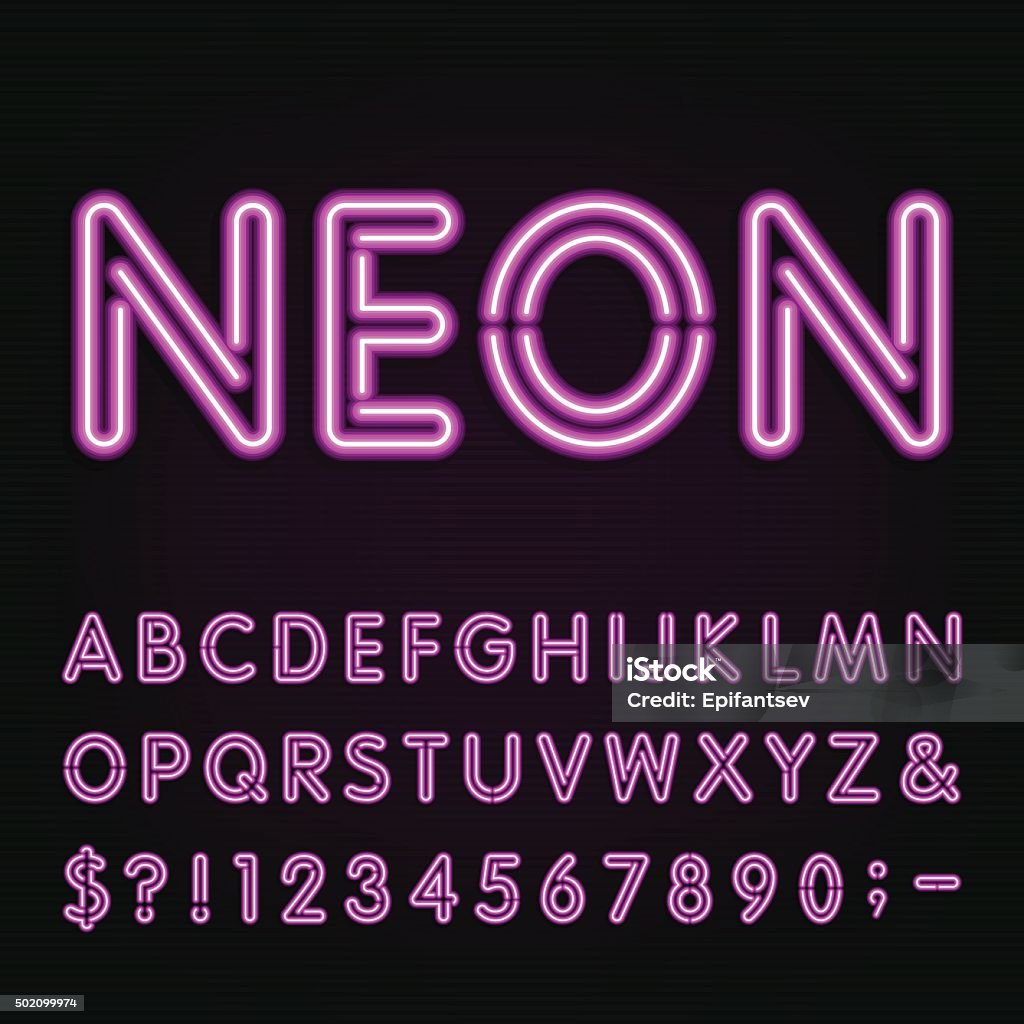 Neon Light Alphabet Font. Purple Neon Light Alphabet Font. Neon effect letters, numbers and symbols on the dark background. Vector typeface for labels, titles, posters etc. Neon Lighting stock vector