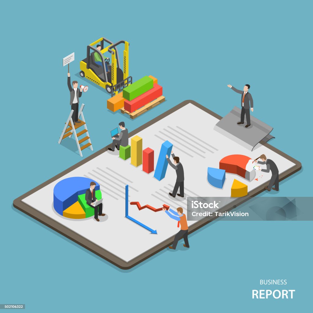 Business report isometric flat vector concept. Business report isometric flat vector concept. Team of businessmen are constructing business report. Business stock vector