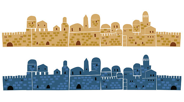 old jerusalem at day and night, illustration - kudüs illüstrasyonlar stock illustrations