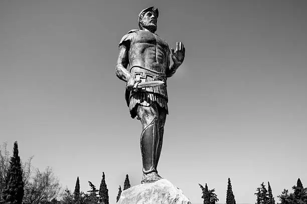 Statue of Miltiades. Famous greek general who defeated with the greek army the invading Persians at the Battle of Marathon in 490 BC. Bronze statue, Tomb of the Athenians, Marathon, Attica, Greece.