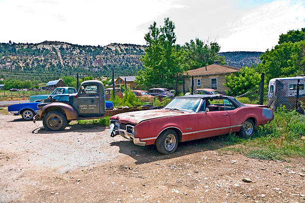 Orderville, UISA - July 15, 2008:  junk yard with old beautiful oldtimers on the route 89 in Orderville, USA. America is a spot for european classic car hunters.