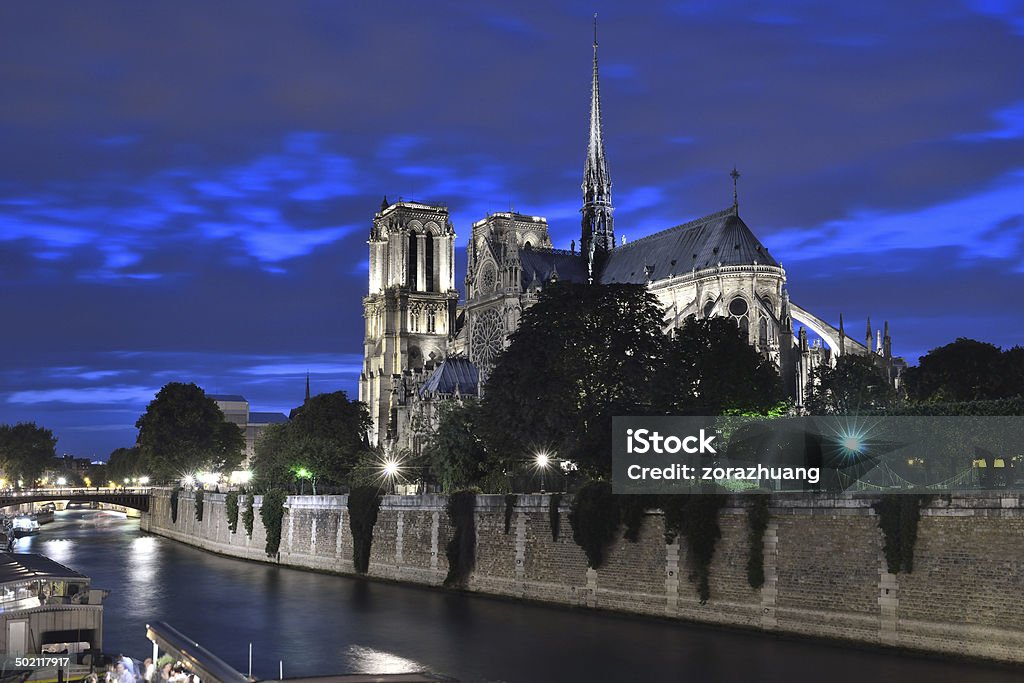 Side view Notre Dame de Paris The stunning Notre Dame de Paris at night. Abbey - Monastery Stock Photo