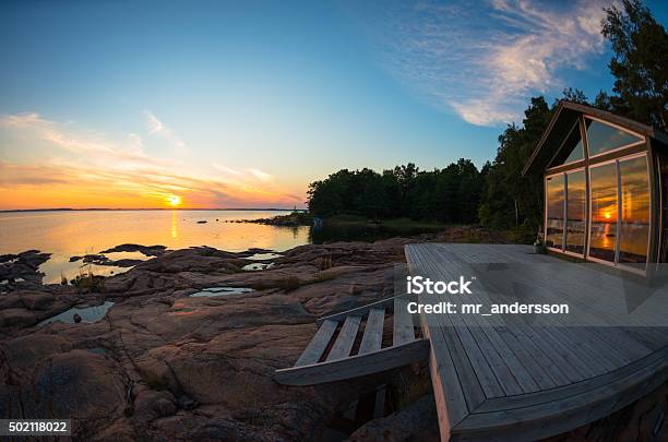 Beach House Terrace At Summer Sunset Stock Photo - Download Image Now - Lake, Chalet, Finland