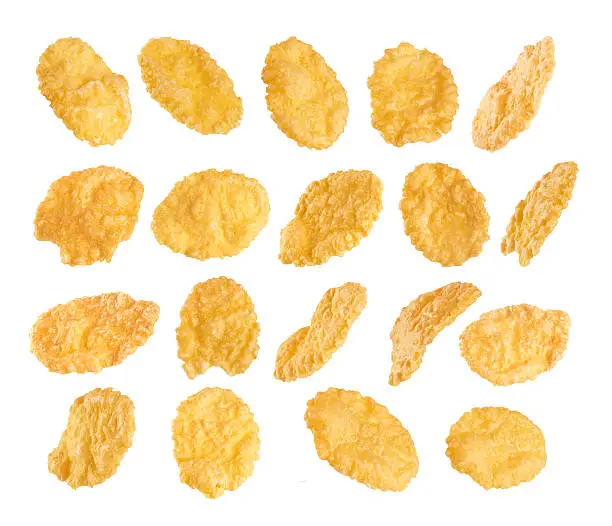 Photo of Cornflakes isolated on white background.