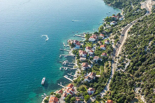 Photo of aerial view of croatia coast line Rab island