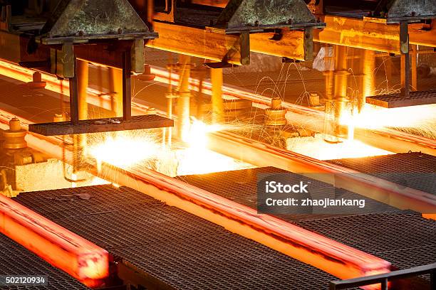 Hot Steel On Conveyor In Steel Mill Stock Photo - Download Image Now - Steel Mill, Steel, Industry