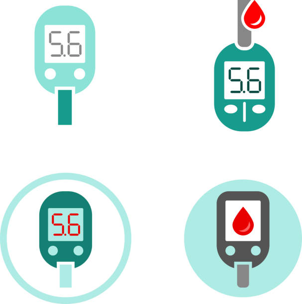 Diabetes Glucometer Icons Beautiful vector diabetic set. Glucometer flat icons. Medical editable illustration in gray, green, red, light green and white colors isolated on white background. glucose stock illustrations