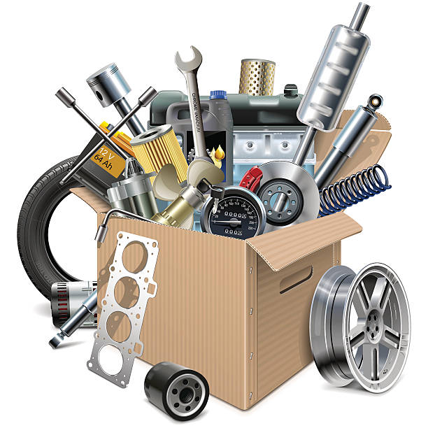 Vector Carton Box with Car Spares Vector Carton Box with Car Spares, including wheel, battery, starter, filter, speedometer, spring, wrench, jerrycan, car key and other, isolated on white background scrap metal stock illustrations