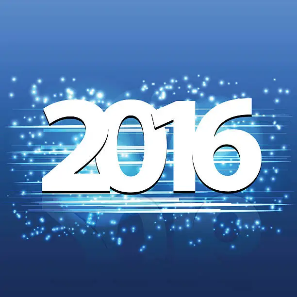 Vector illustration of Year 2016 at night with firekworks stars blue background