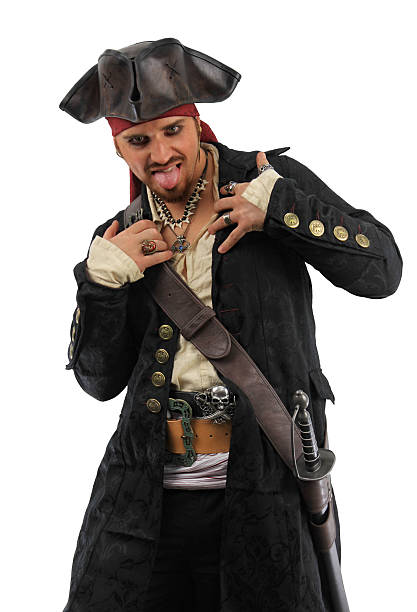 istock Pirate in Black with Tongue Out and Shirt Open 502130367