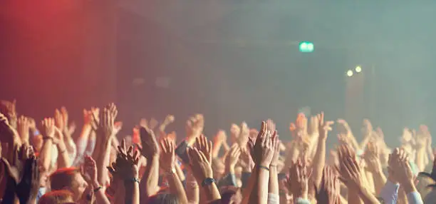 A crowd of people celebrating and partying with their hands in the air to an awesome band. This concert was created for the sole purpose of this photo shoot, featuring 300 models and 3 live bands. All people in this shoot are model released.