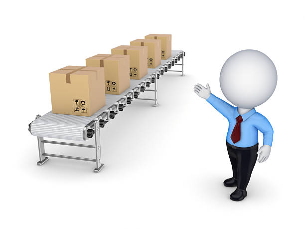istock 3d small person points to the conveyor with carton boxes. 502131633