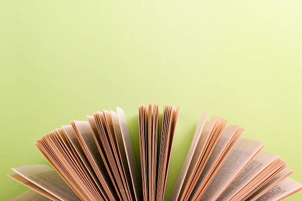 istock Open hardback book on wooden table and green background 502131648