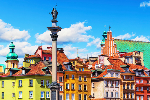 Scenic summer view of Castle Square ancient architecture with Sigismund column in the Old Town in Warsaw, Poland. See also: